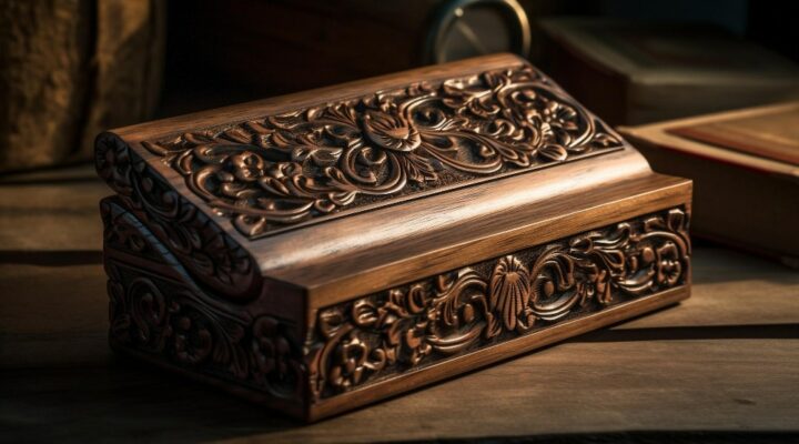 Picture of a wooden jewelry box which is on top of a wooden surface.