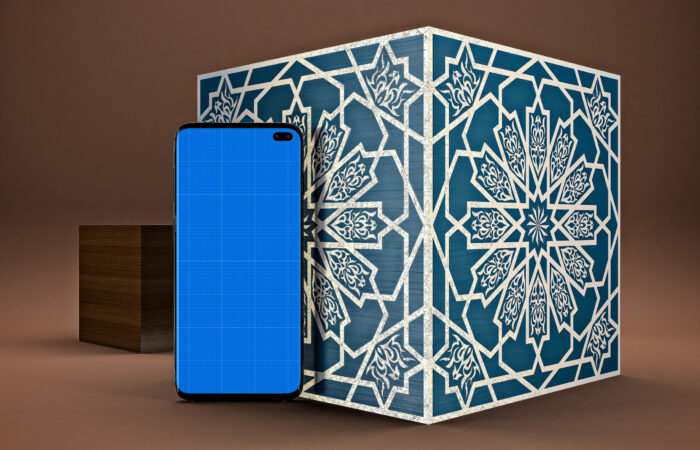 Blue color custom phone case box and a phone case in a brown background