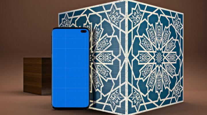 Blue color custom phone case box and a phone case in a brown background