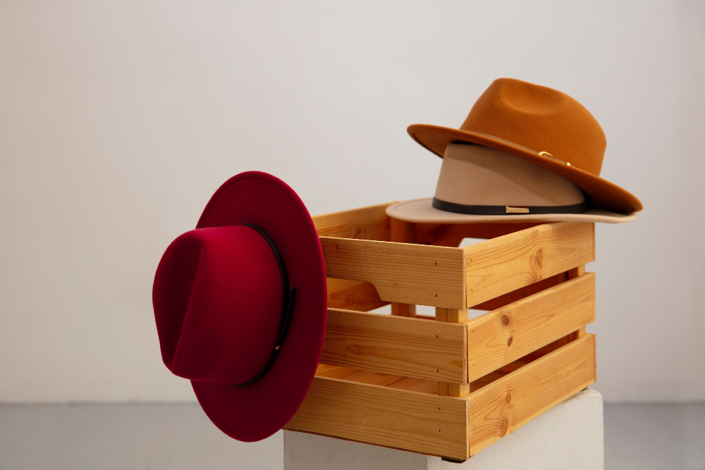 an image of some hats on top of a wooden box