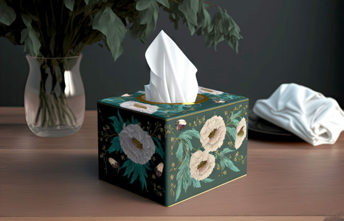 Image of a green color custom tissue box on a table.