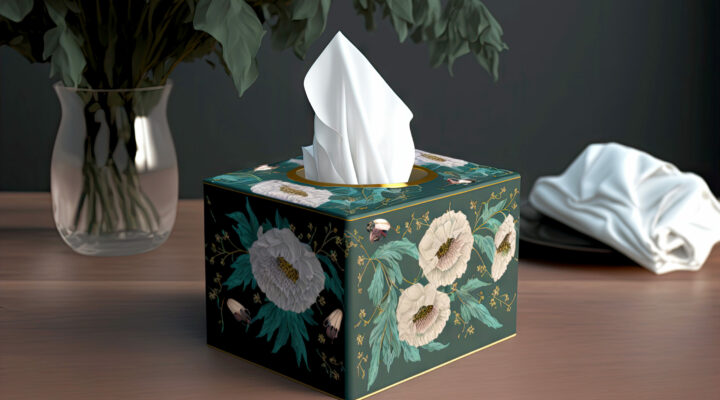 Image of a green color custom tissue box on a table.