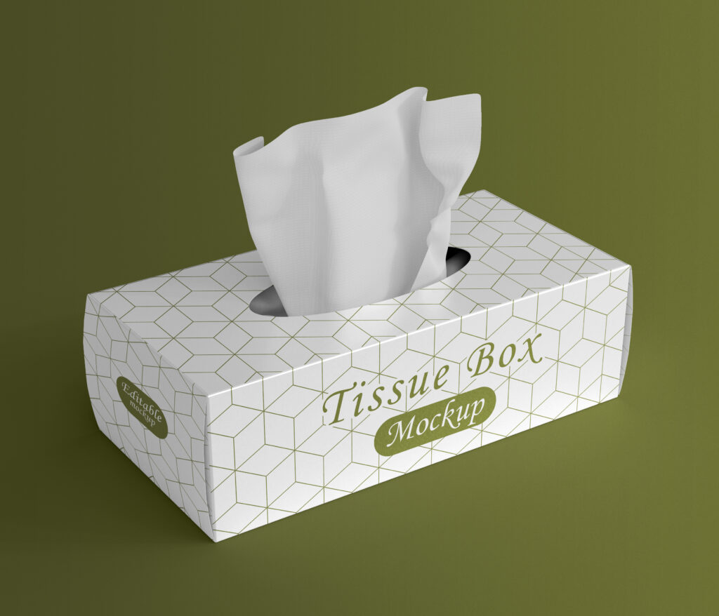 A white color custom tissue box on a green background