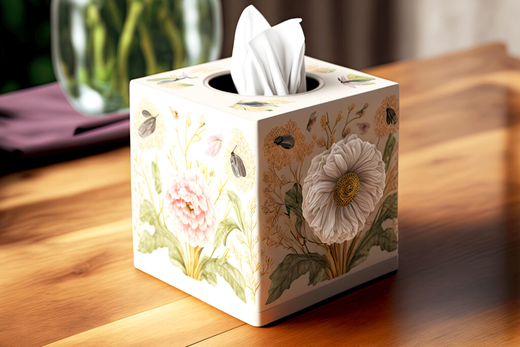 
An elegant tissue box with a flower pattern on a wooden table with a vase