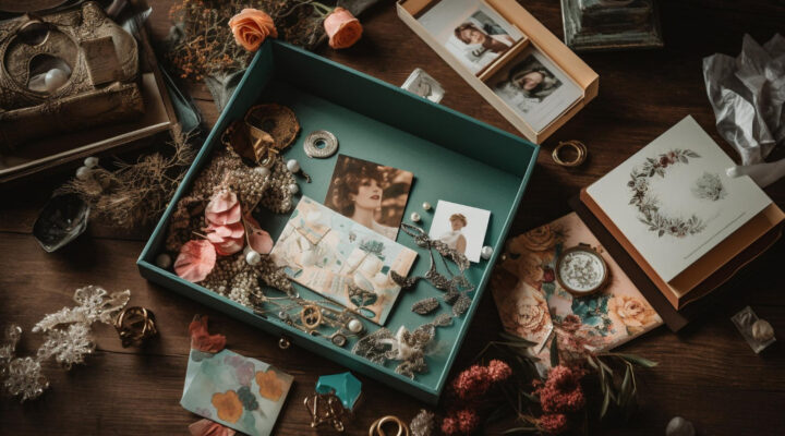 A picture of a blue color custom memory box surrounded with memory items