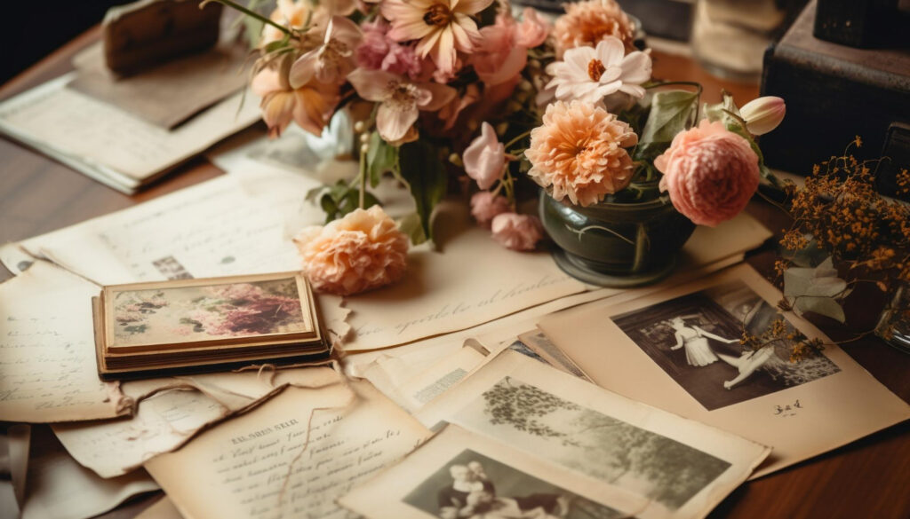 old pictures and items that can be put in a custom memory box on a table with a flower vase