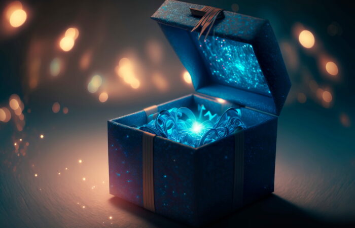 An image of a custom mystery box with a magical blue light inside the box kept on a table