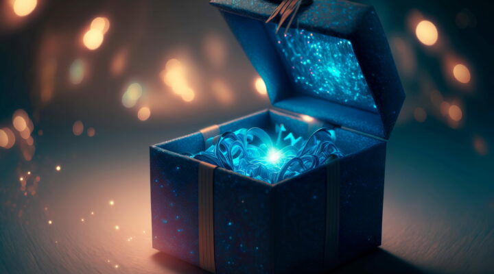An image of a custom mystery box with a magical blue light inside the box kept on a table