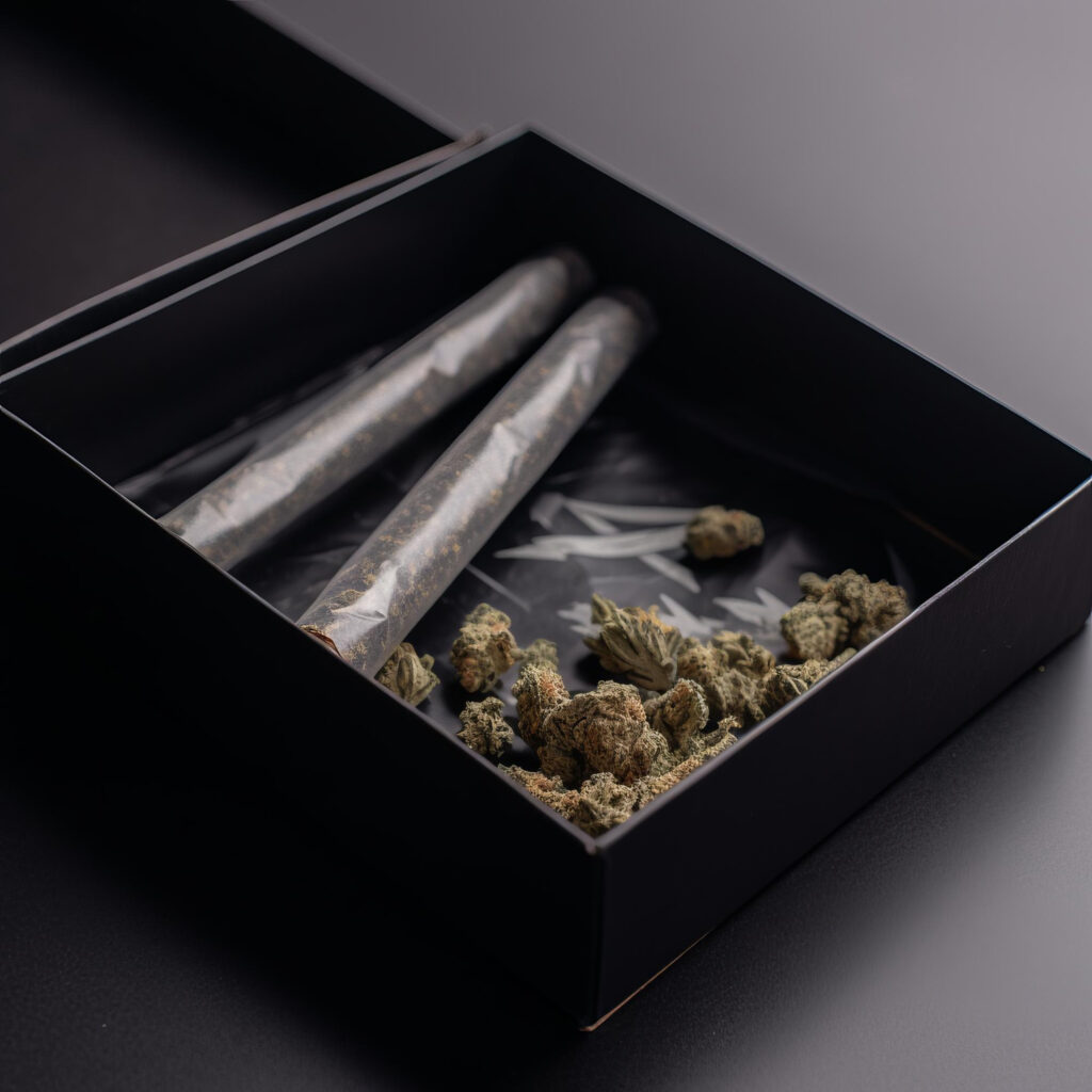 Two pre-rolls in a custom pre-roll box placed on a grey surface for the article on custom pre-roll boxes.